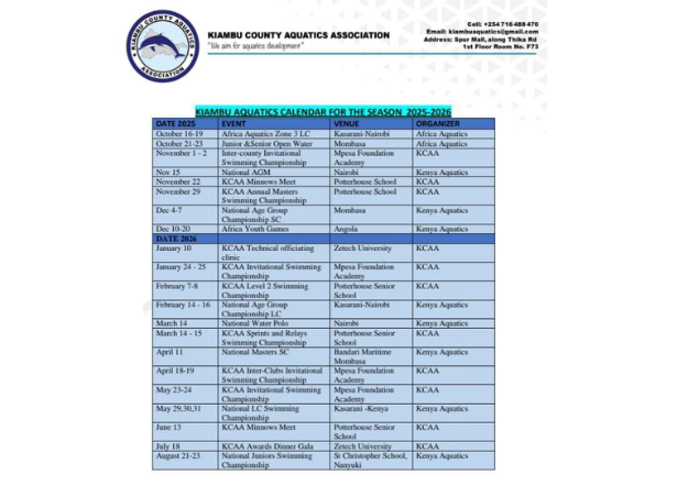 Updated Kiambu Aquatics Calendar