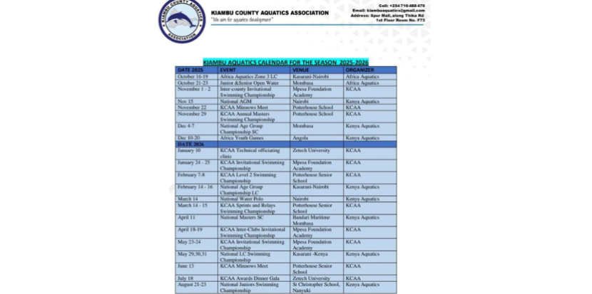 Updated Kiambu Aquatics Calendar
