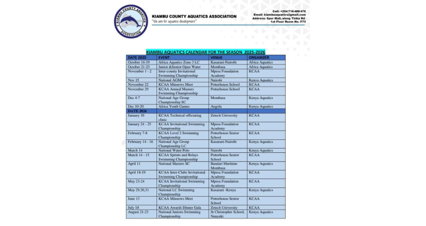 Updated Kiambu Aquatics Calendar